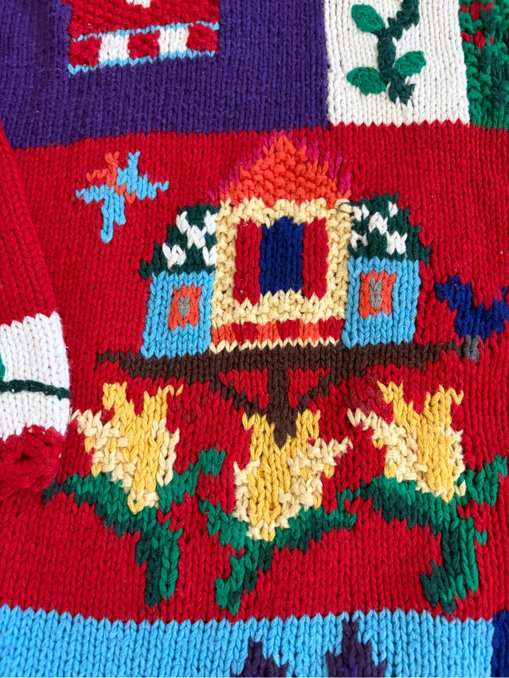Vtg Karen Scott Hand Knit Sweater Spring Cardinal Bird Flowers Birdhouse Sz L - Picture 4 of 12